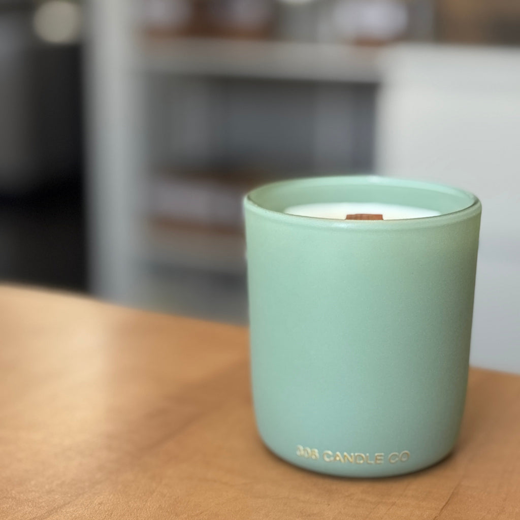 Mist & Meadows Candle - soy coconut wax, wood wick candle, made in Canada, sage green