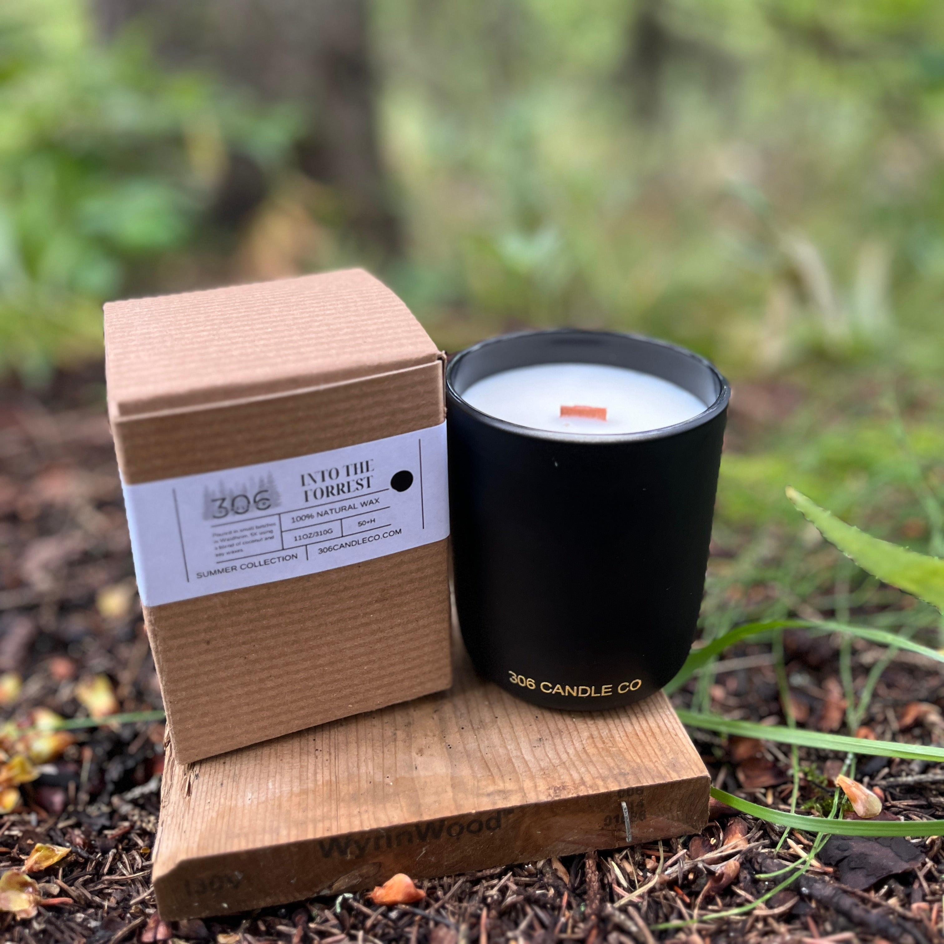 Into The Forest Candle - soy coconut wax, wood wick candle, made in Canada, white, brown, or black