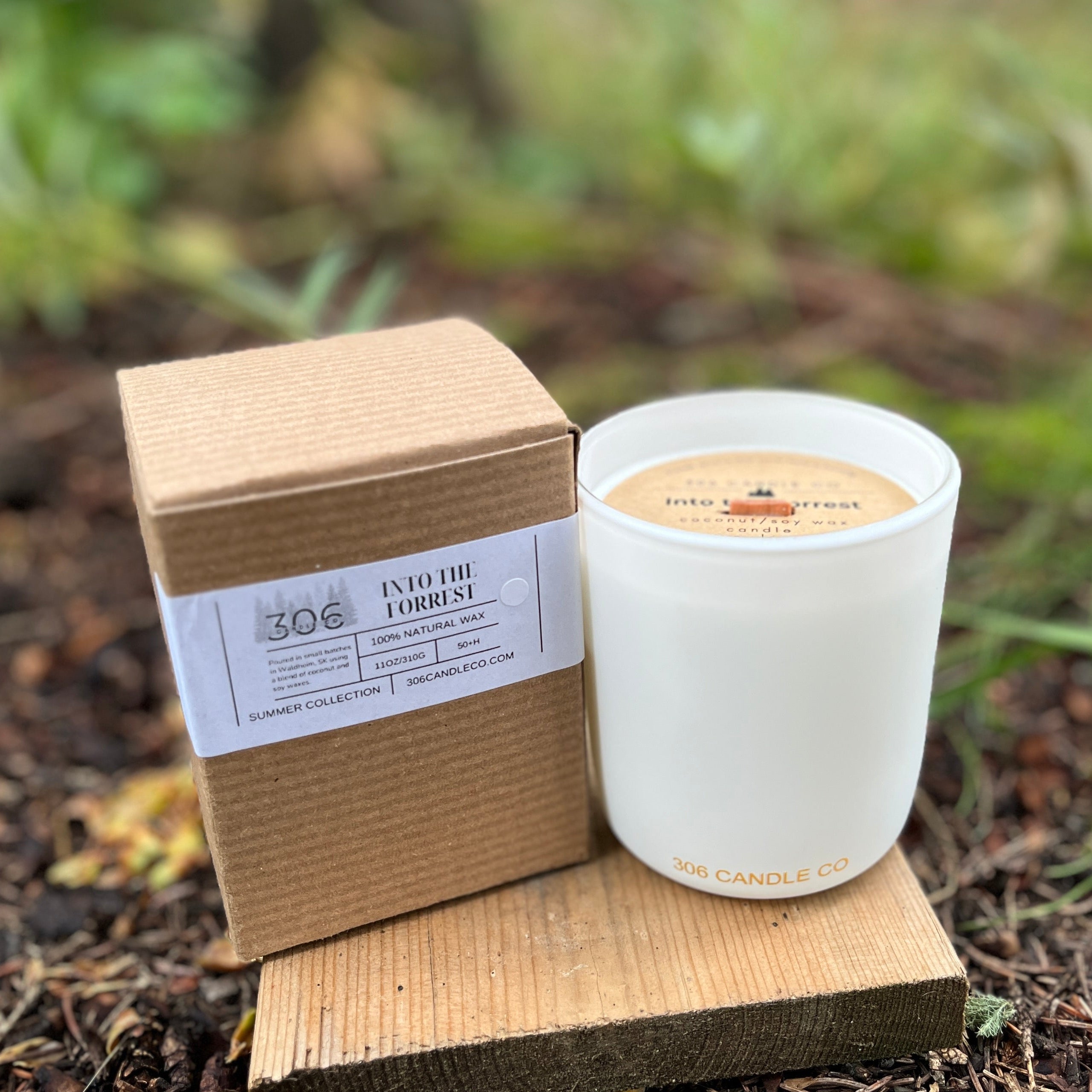 Into The Forest Candle - soy coconut wax, wood wick candle, made in Canada, white, brown, or black