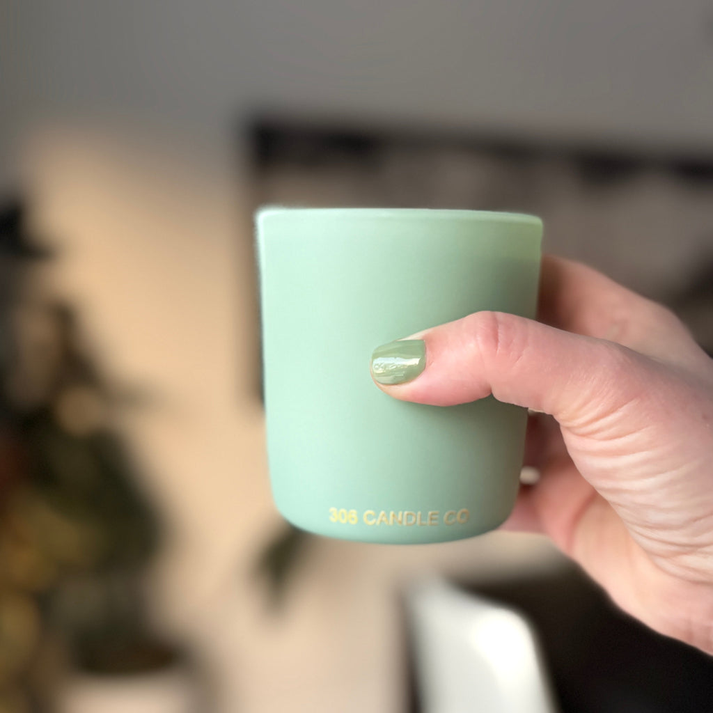Mist & Meadows Candle - soy coconut wax, wood wick candle, made in Canada, sage green