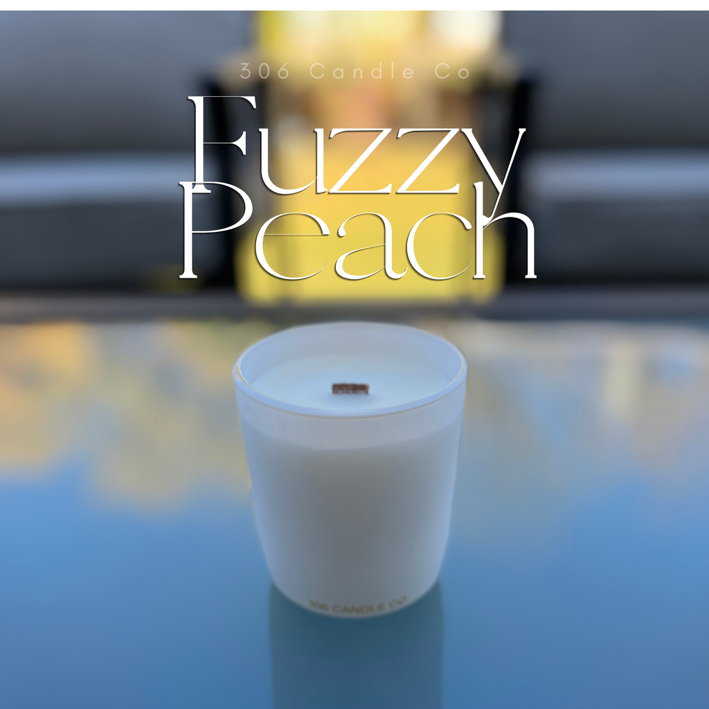 Fuzzy Peach Candle - soy coconut wax, wood wick candle, made in Canada, white, brown, or black