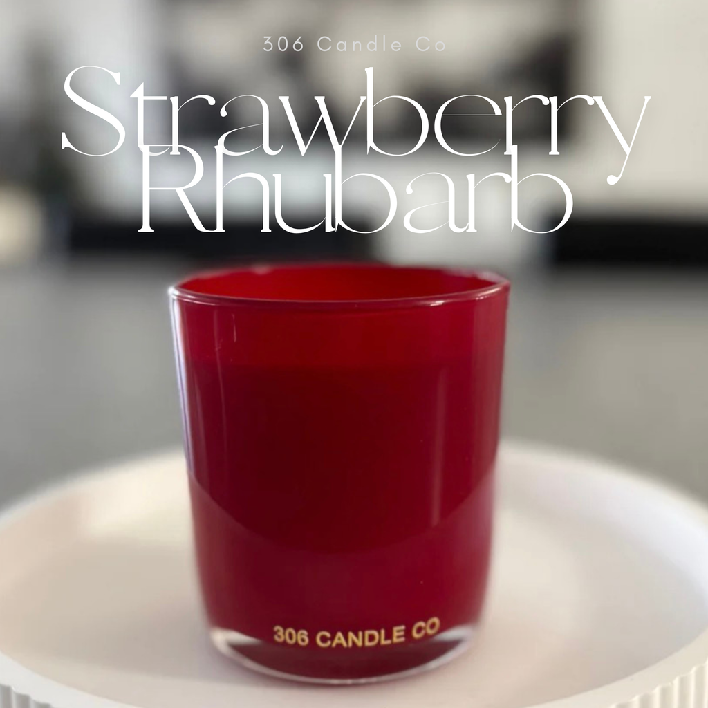 Strawberry Rhubarb Red Gloss Candle - soy coconut wax, wood wick candle, made in Canada, gloss red