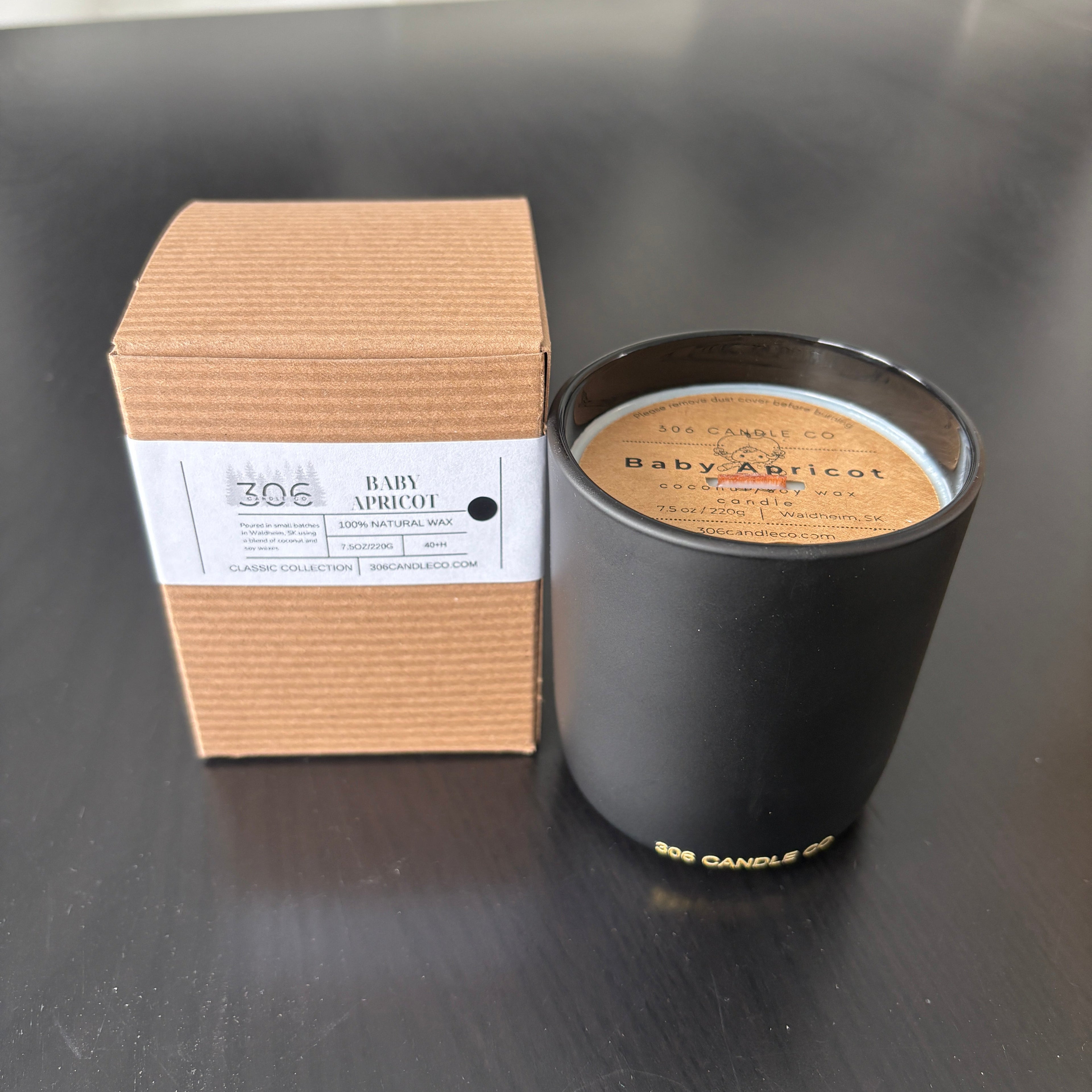 Baby Apricot Candle - soy coconut wax, wood wick candle, made in Canada, white, brown, or black