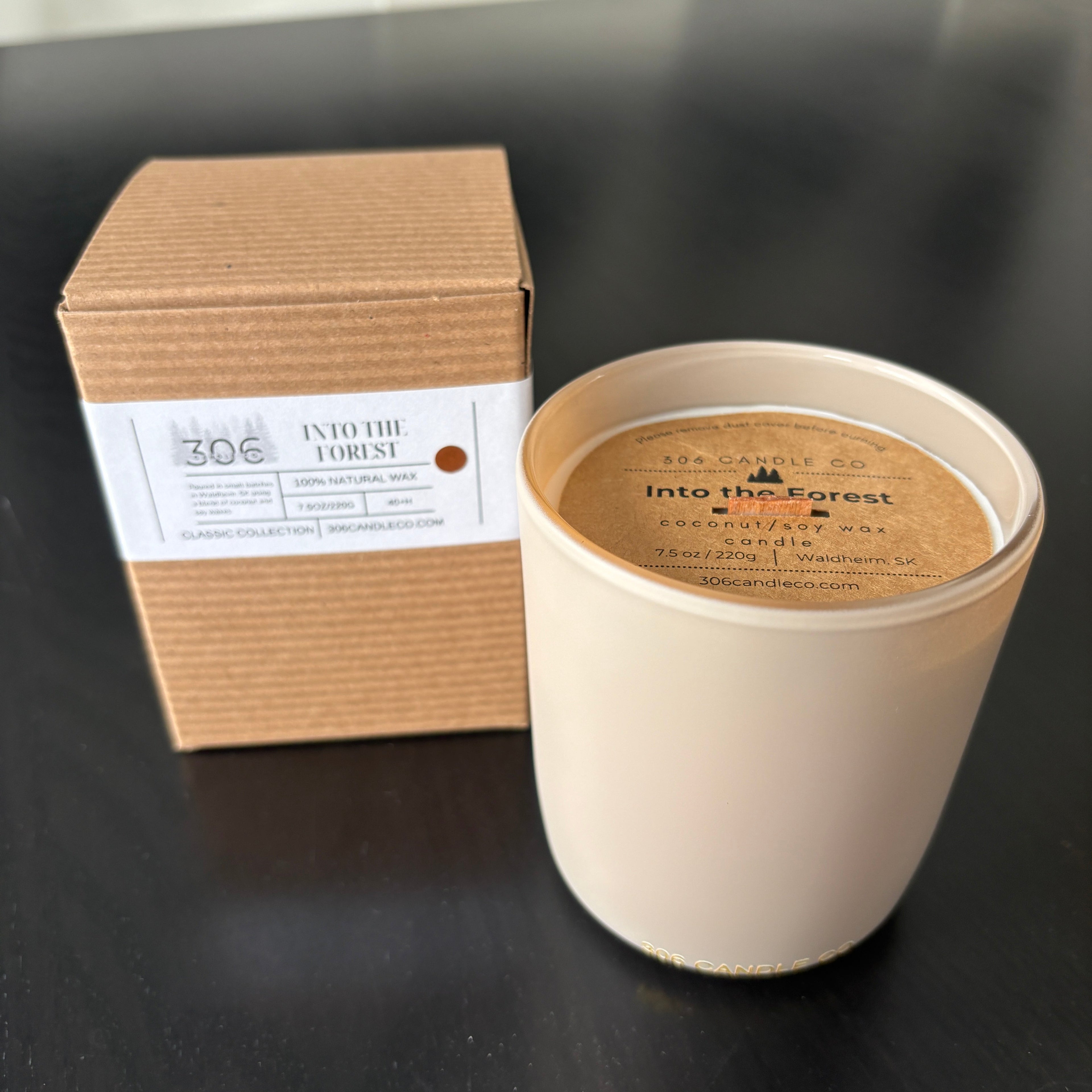 Into The Forest Candle - soy coconut wax, wood wick candle, made in Canada, white, brown, or black
