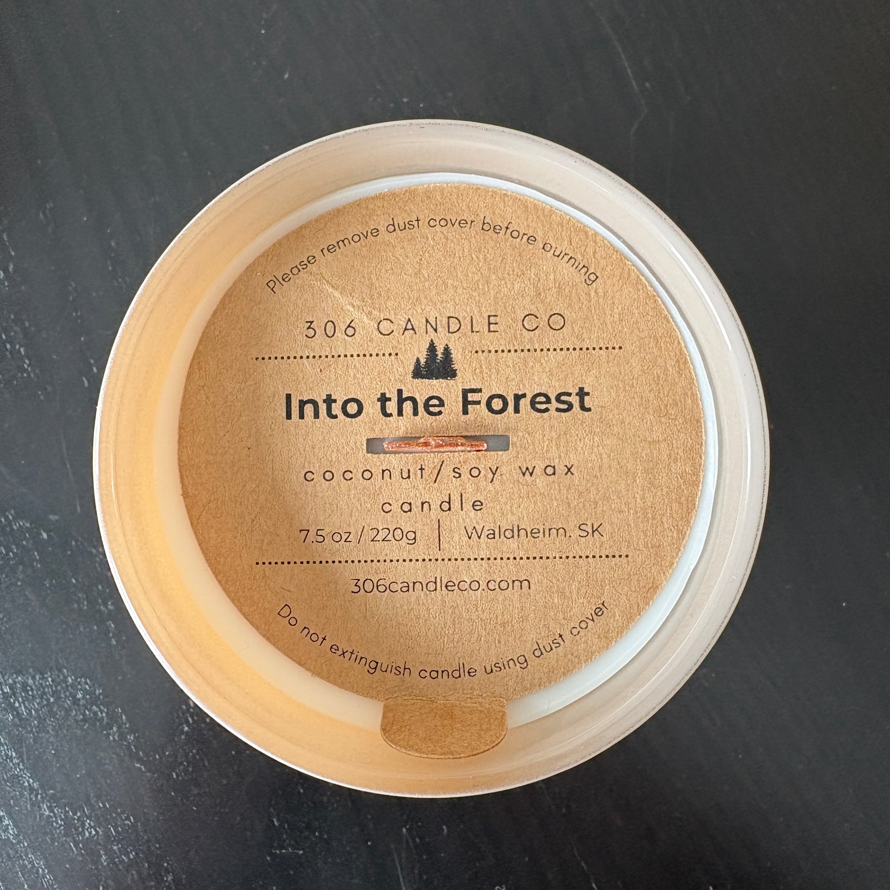 Into The Forest Candle - soy coconut wax, wood wick candle, made in Canada, white, brown, or black
