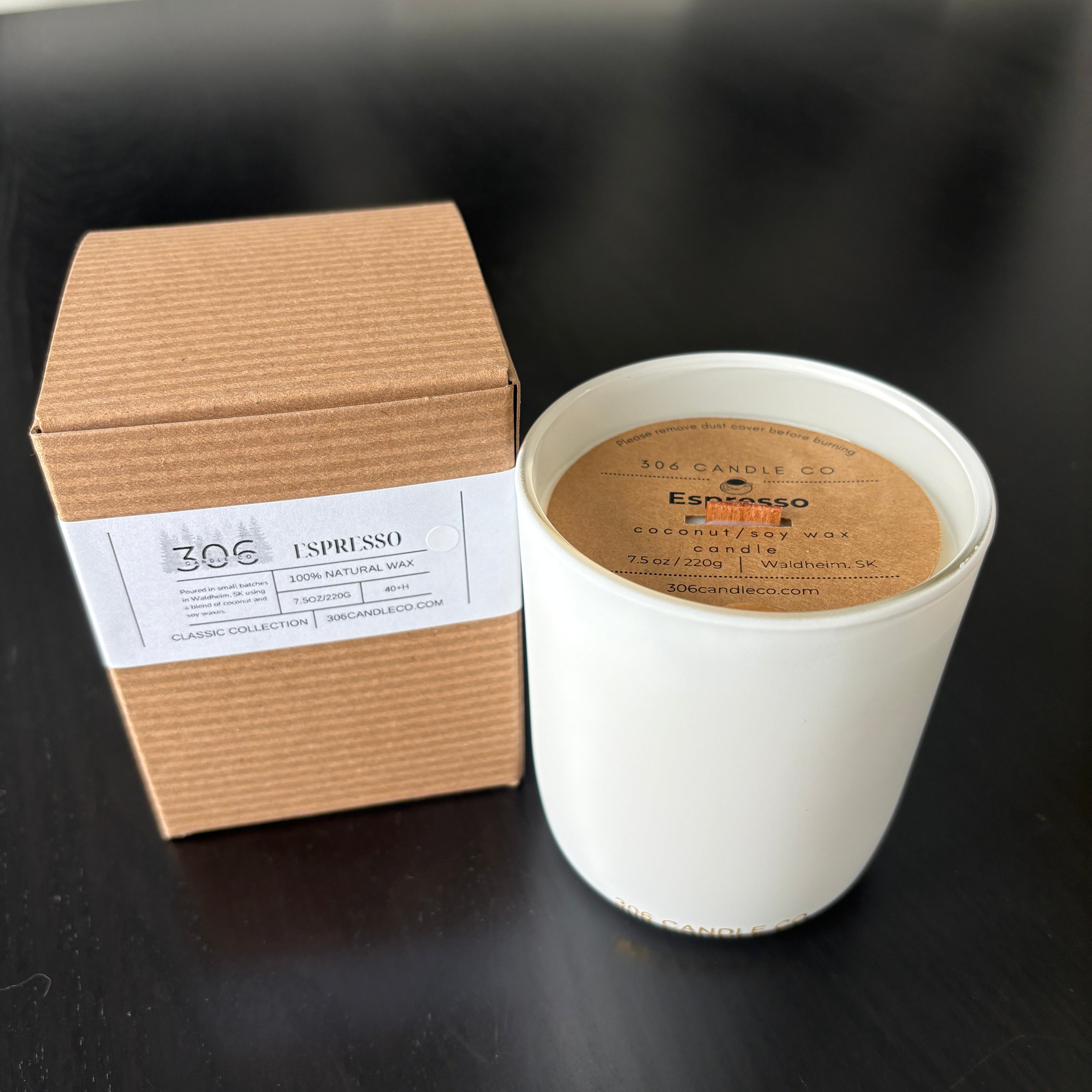 Espresso Candle - soy coconut wax, wood wick candle, made in Canada, white, brown, or black