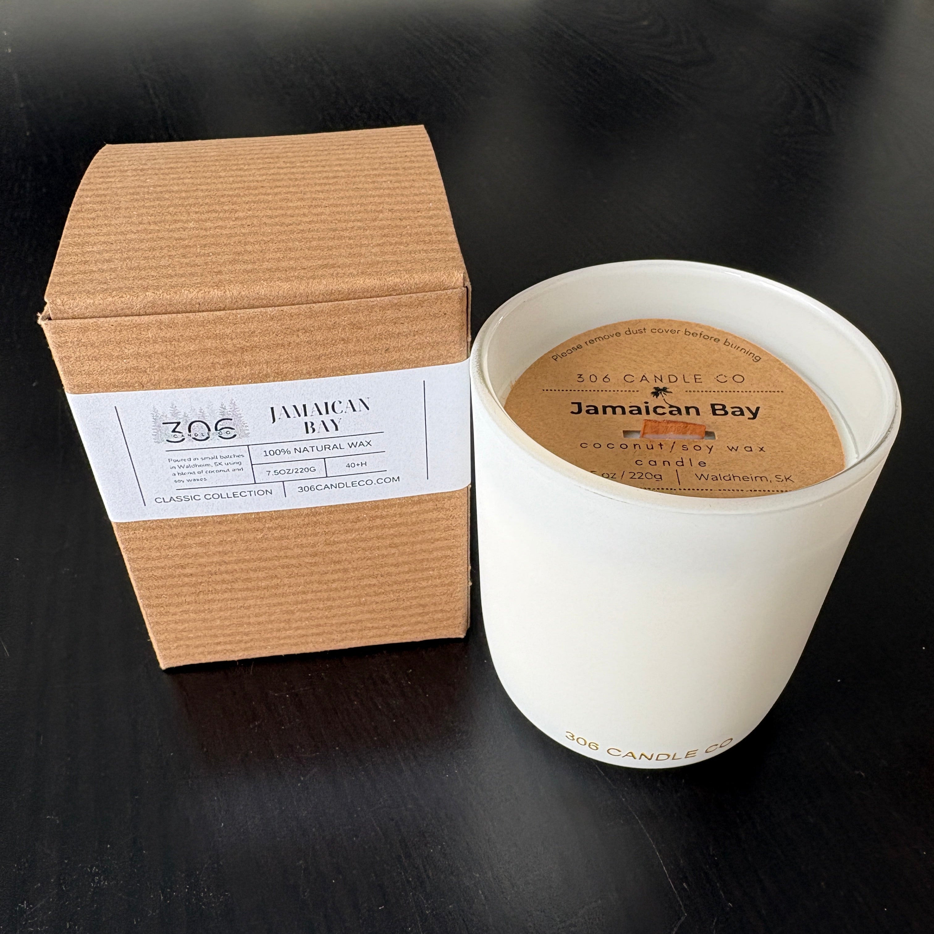 Jamaican Bay Candle - soy coconut wax, wood wick candle, made in Canada, white, brown, or black