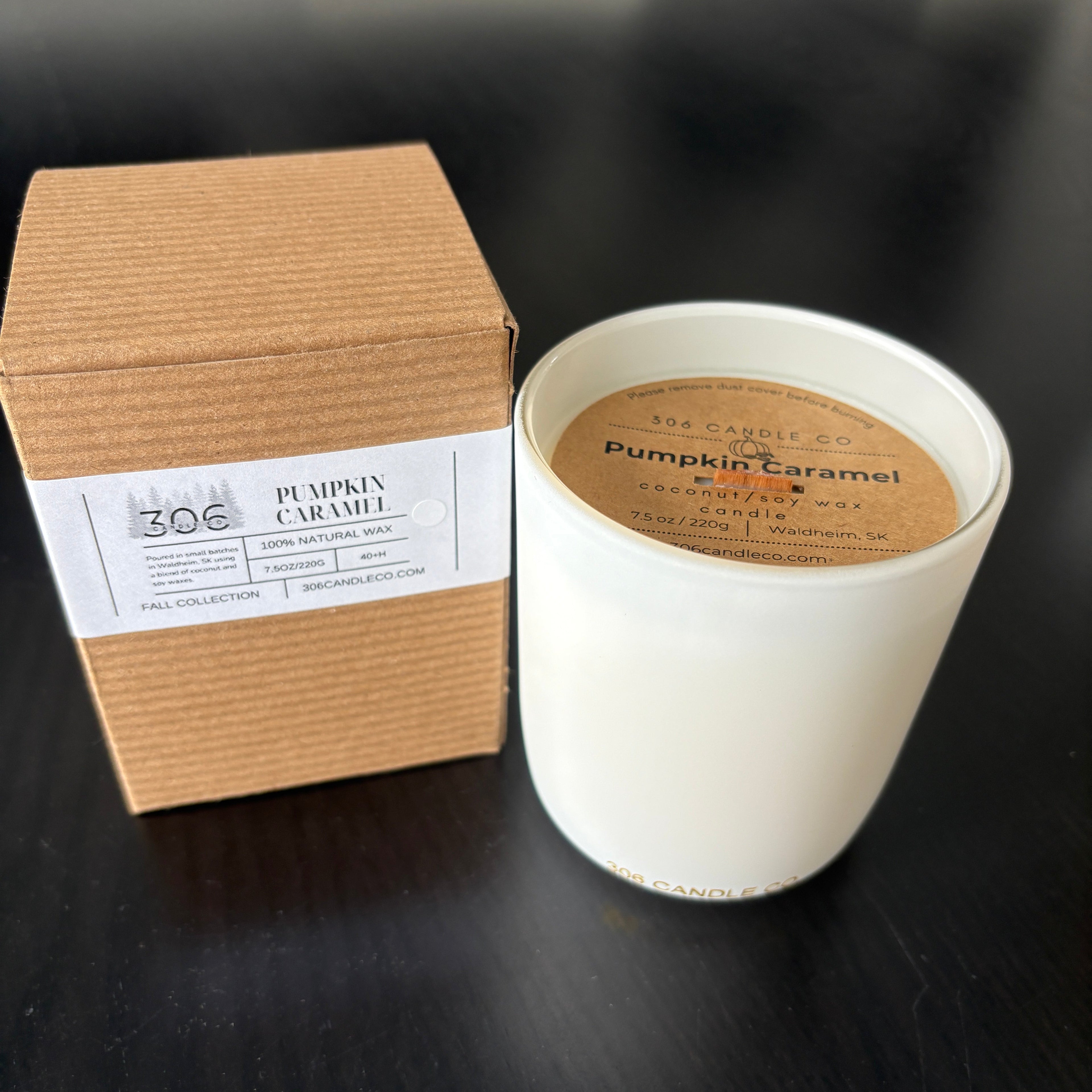 Pumpkin Caramel Candle - soy coconut wax, wood wick candle, made in Canada, white, brown, or black