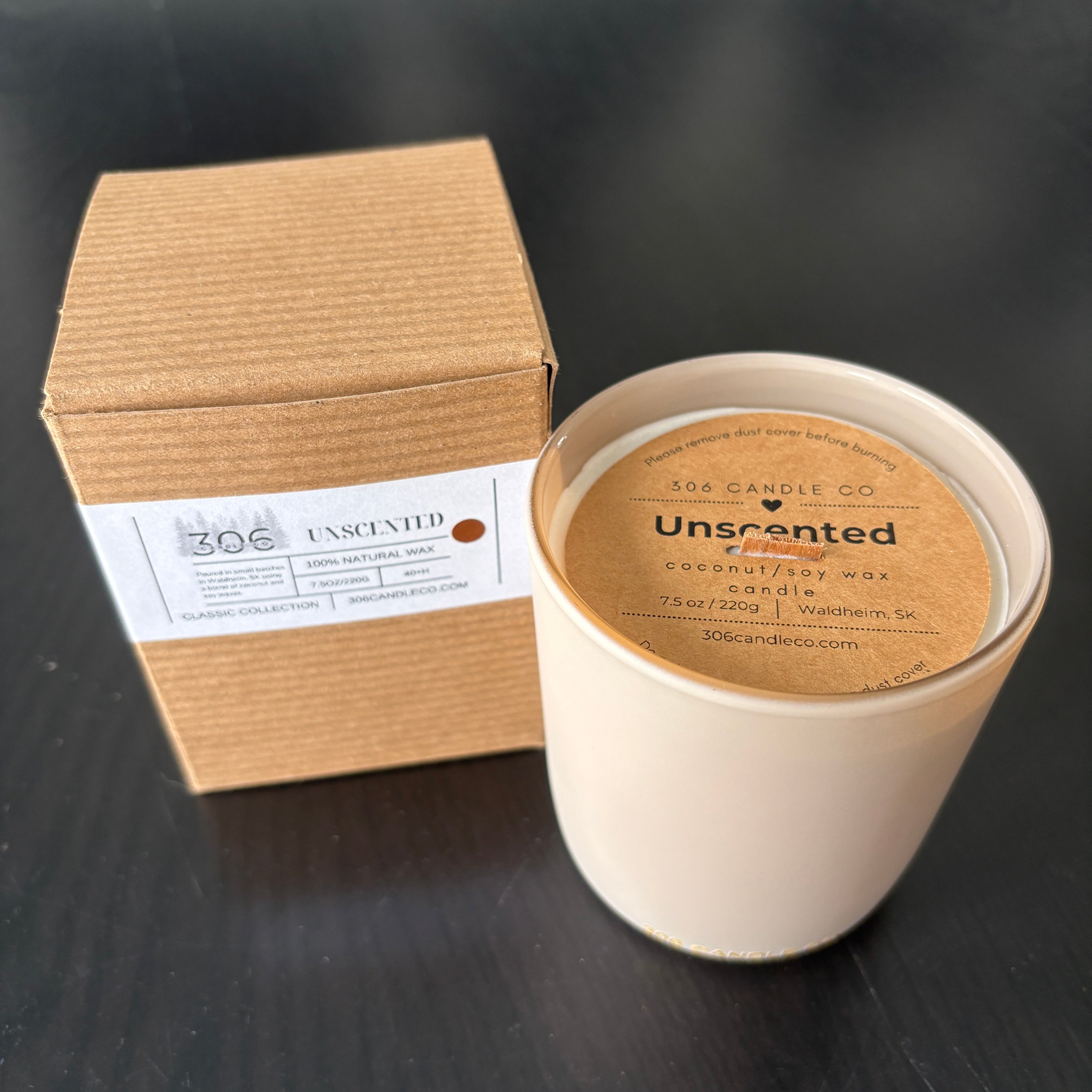 Unscented Candle - soy coconut wax, wood wick candle, made in Canada, white, brown, or black