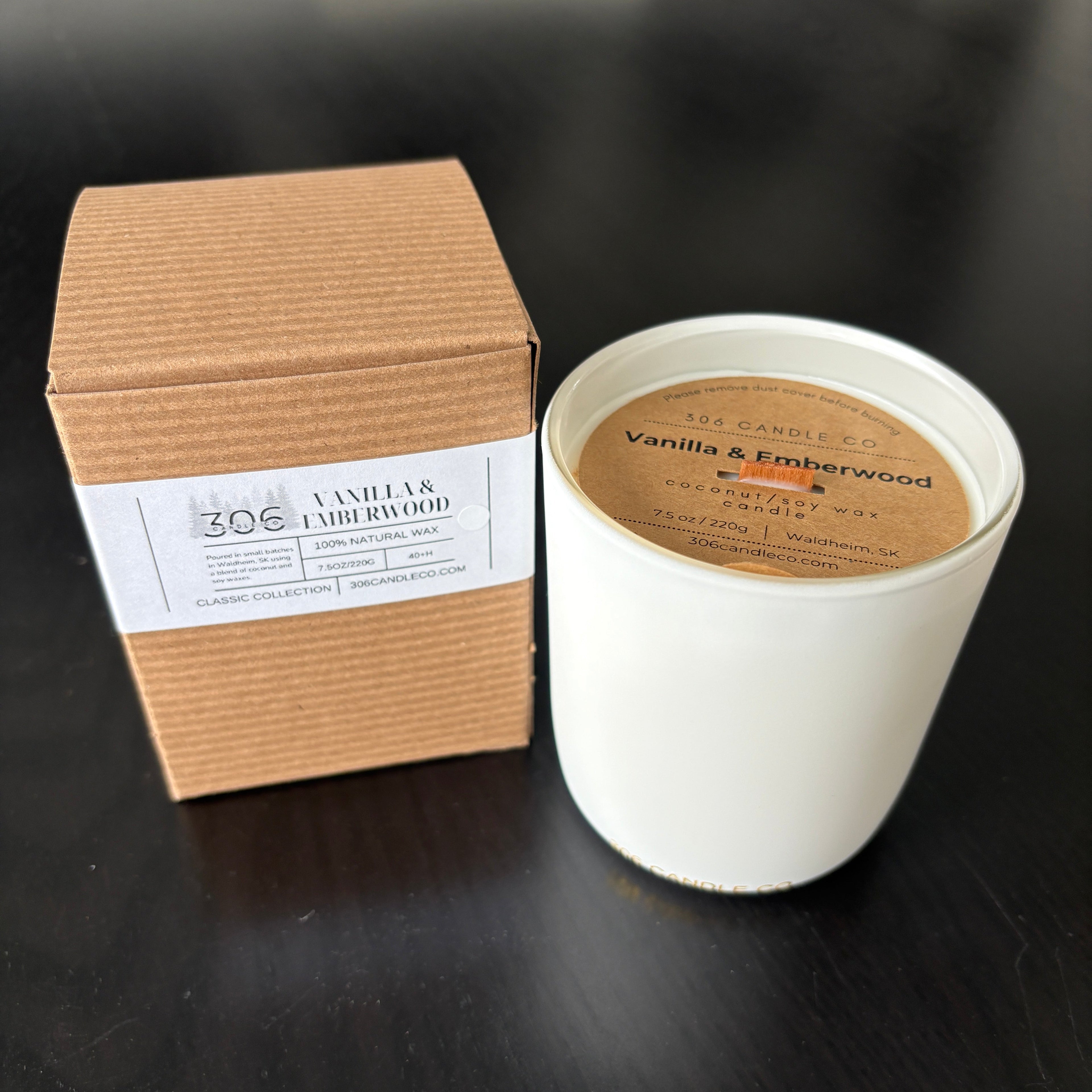 Vanilla & Emberwood - soy coconut wax, wood wick candle, made in Canada, white, brown, or black