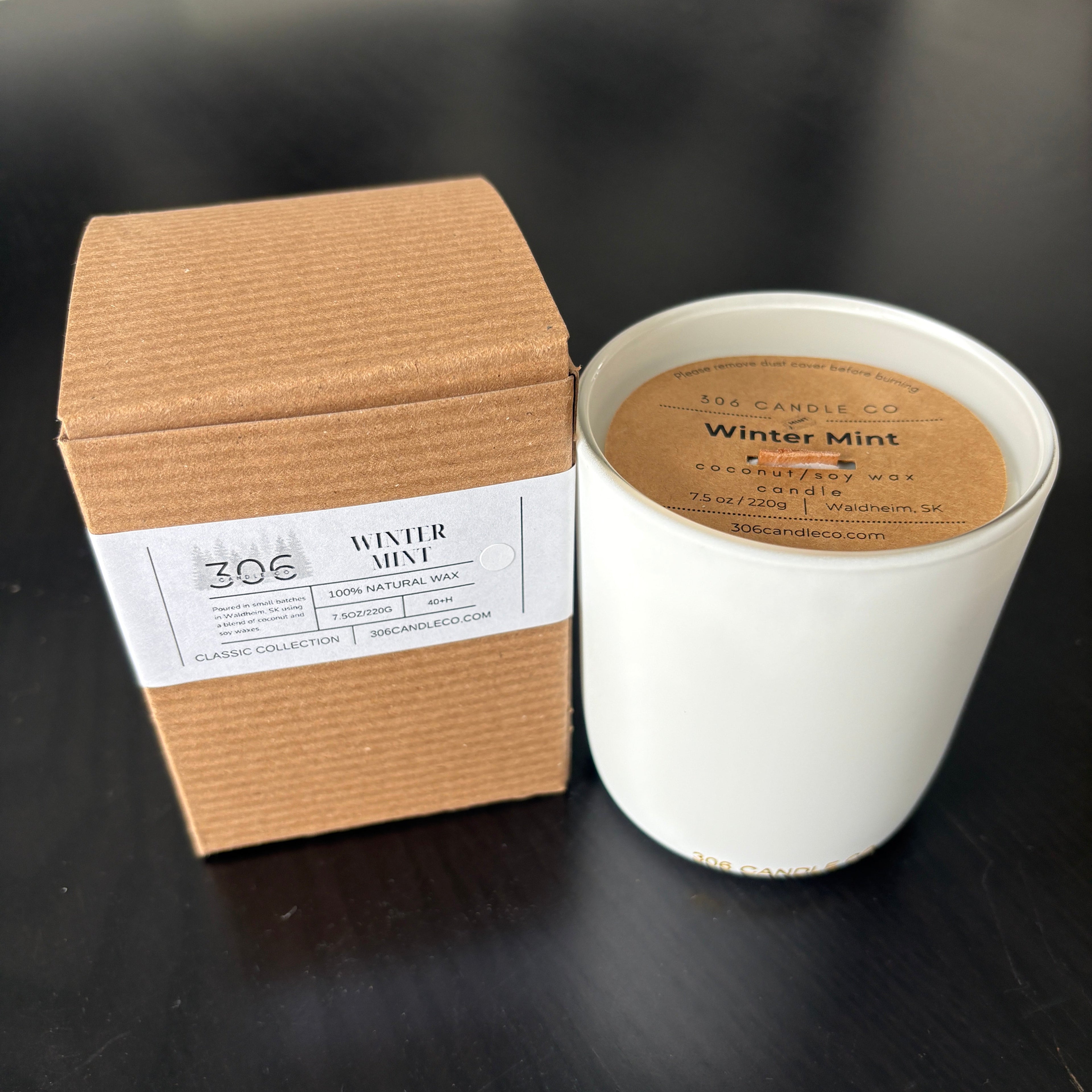 Winter Mint Candle - soy coconut wax, wood wick candle, made in Canada, white, brown, or black