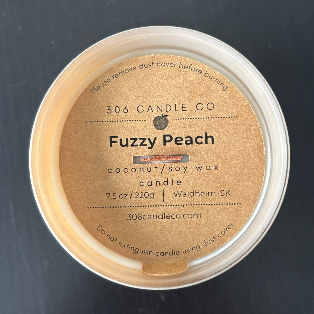 Fuzzy Peach Candle - soy coconut wax, wood wick candle, made in Canada, white, brown, or black