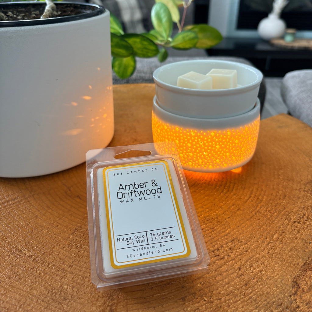 Amber & Driftwood Wax Melts - coconut soy wax, clean burning, made in Canada