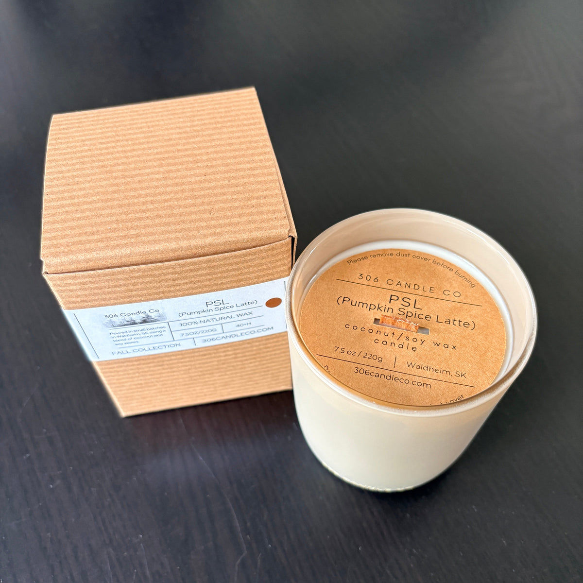 PSL - soy coconut wax, wood wick candle, made in Canada, white, brown, or black