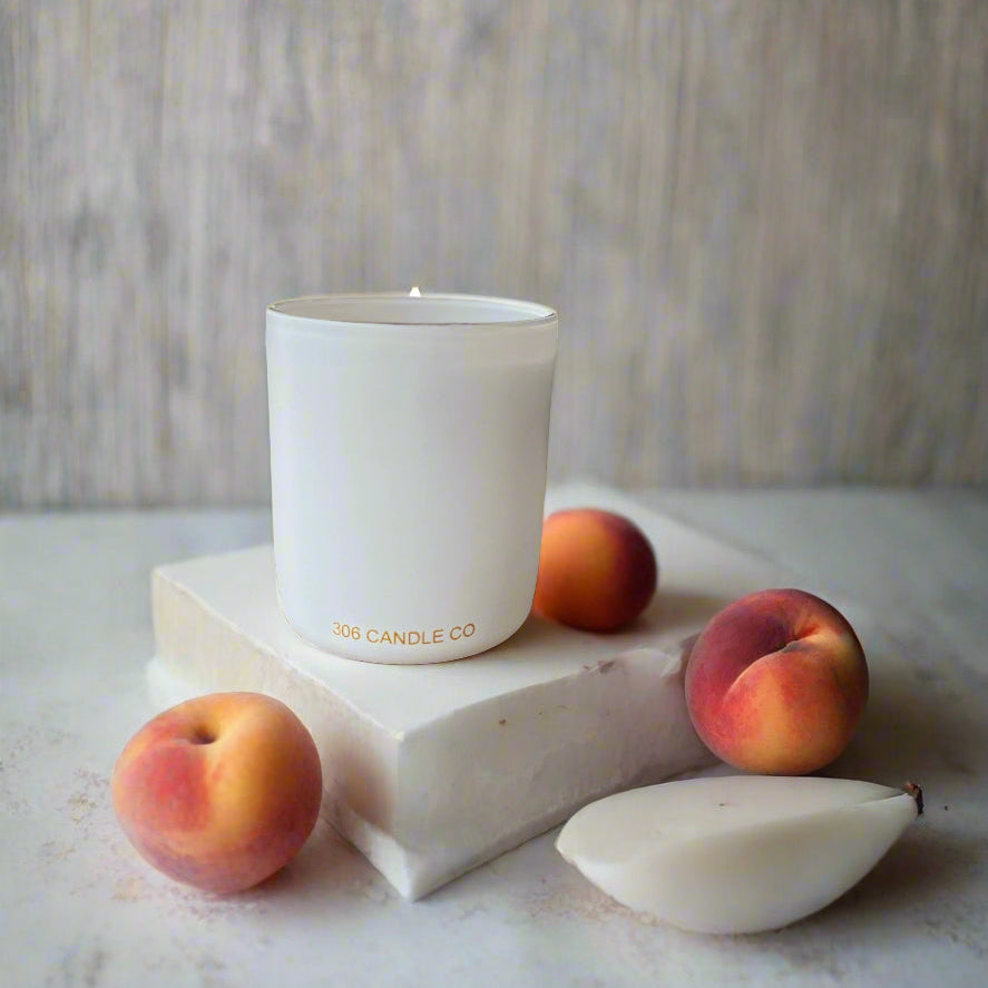 Fuzzy Peach Candle - soy coconut wax, wood wick candle, made in Canada, white, brown, or black