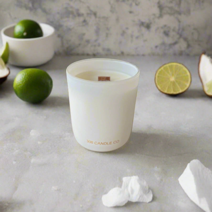 Coconut Lime Candle - soy coconut wax, wood wick candle, made in Canada, white, brown, or black