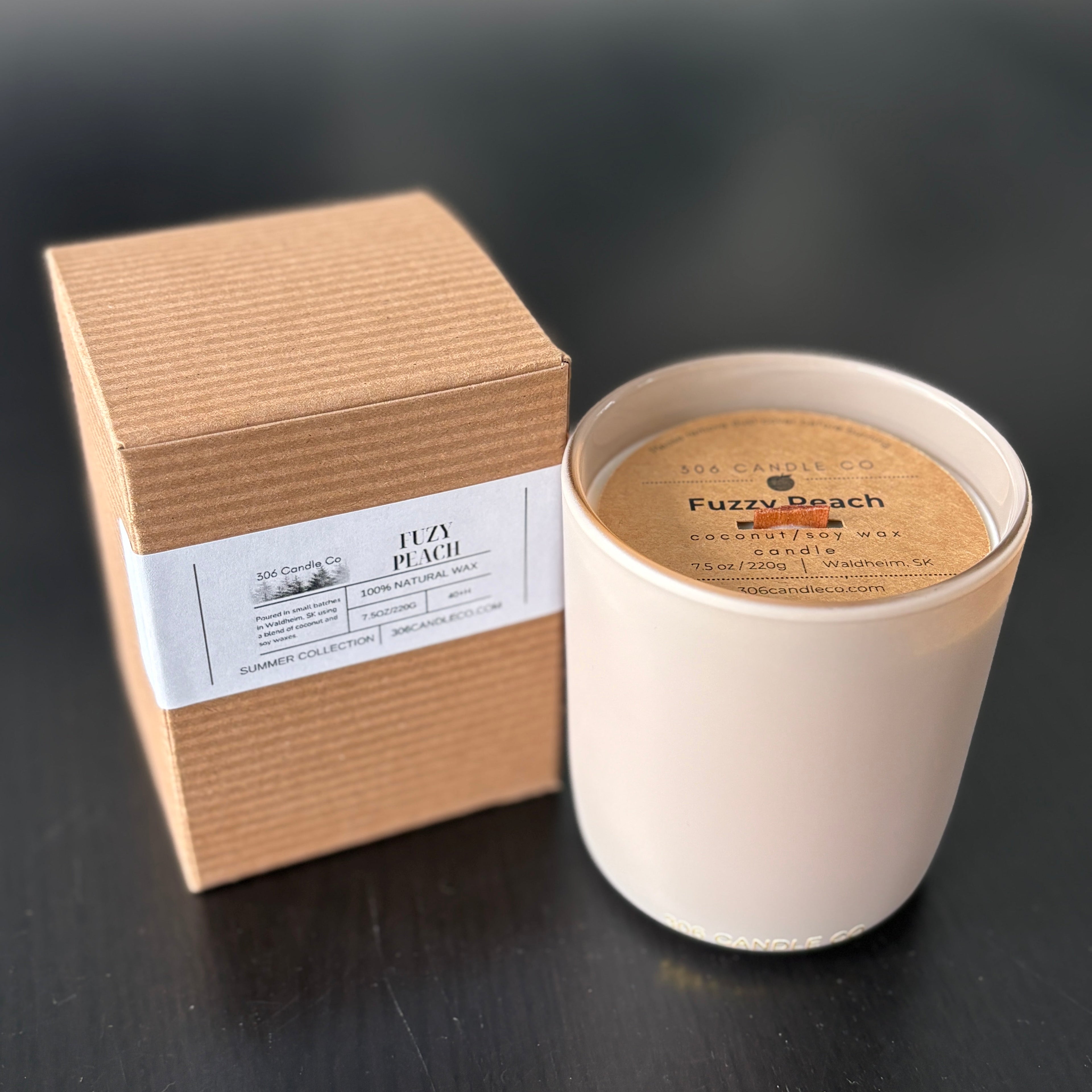 Fuzzy Peach Candle - soy coconut wax, wood wick candle, made in Canada, white, brown, or black