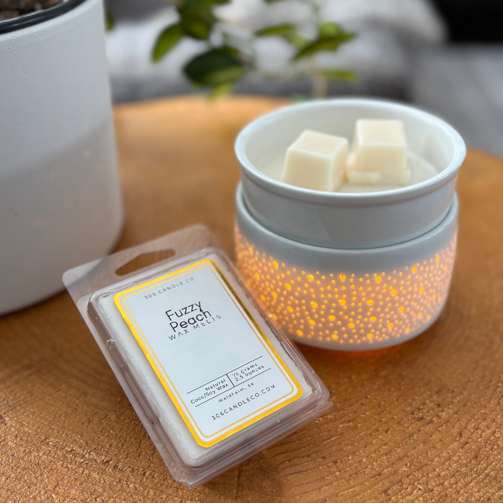 Fuzzy Peach Wax Melts - coconut soy wax, clean burning, peach, berries, jasmine, candy, and musk scents, made in Canada