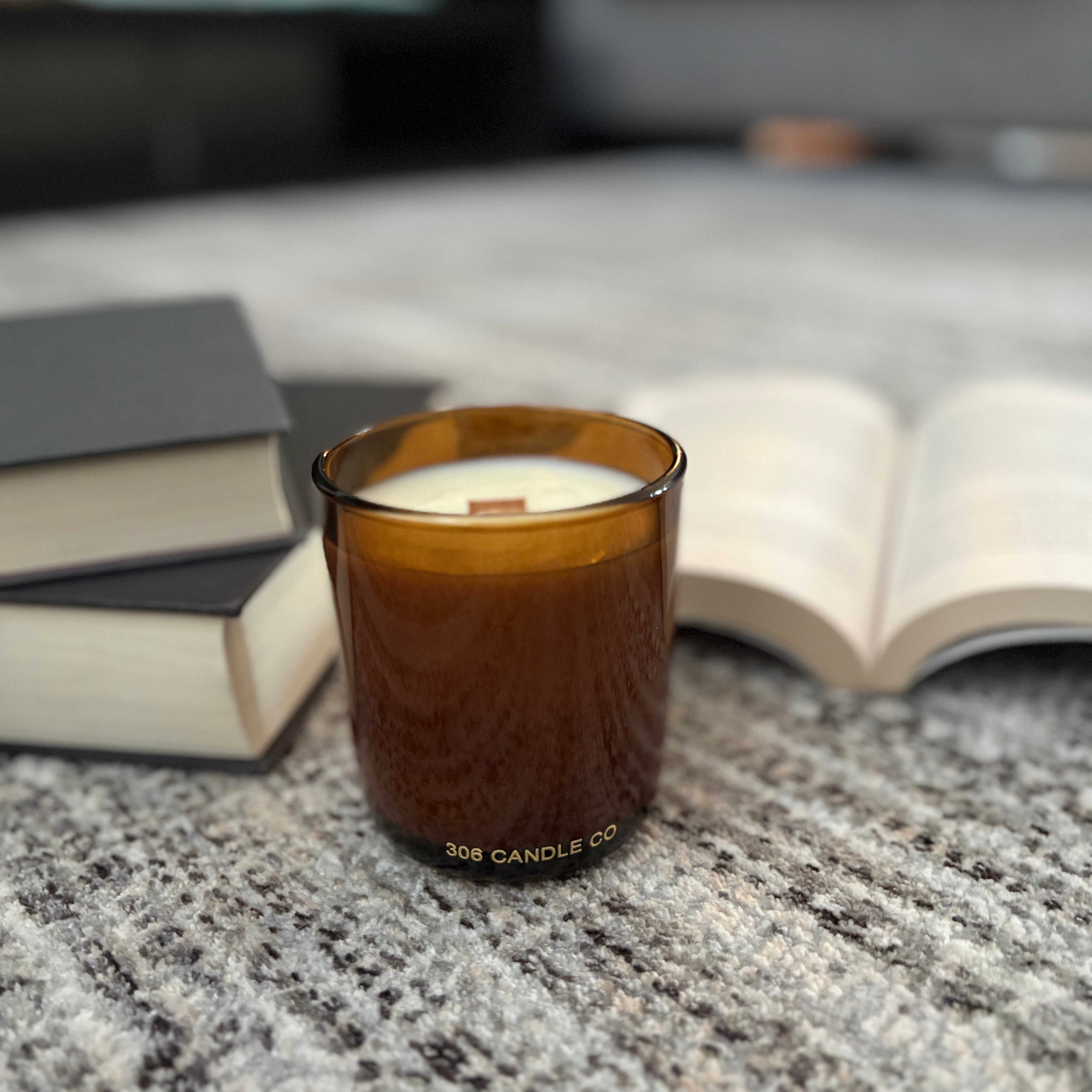 Whispers in the Library Candle - soy coconut wax, wood wick candle, made in Canada, translucent amber