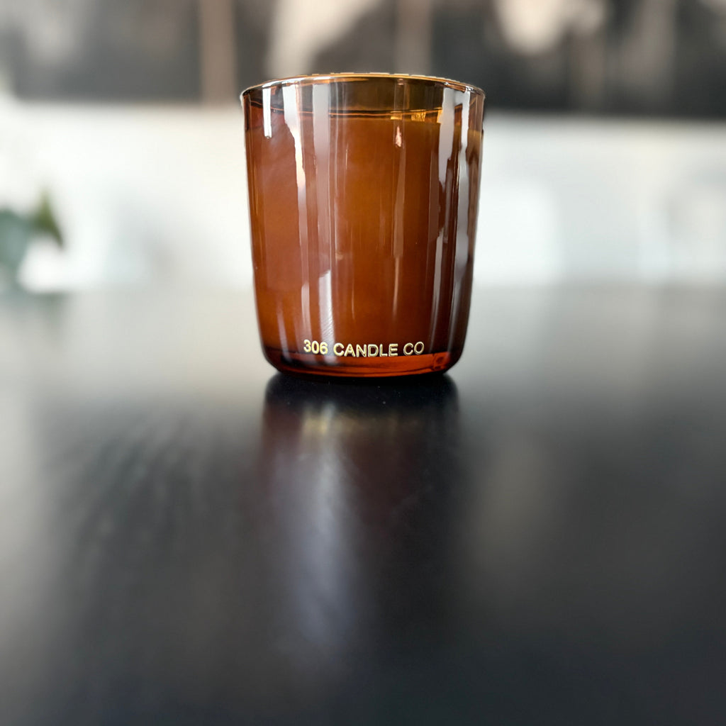 Whispers in the Library Candle - soy coconut wax, wood wick candle, made in Canada, translucent amber
