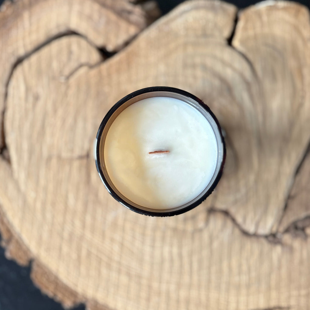 Whispers in the Library Candle - soy coconut wax, wood wick candle, made in Canada, translucent amber