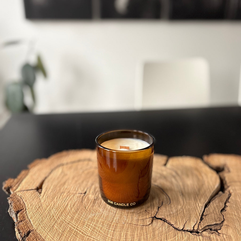 Whispers in the Library Candle - soy coconut wax, wood wick candle, made in Canada, translucent amber