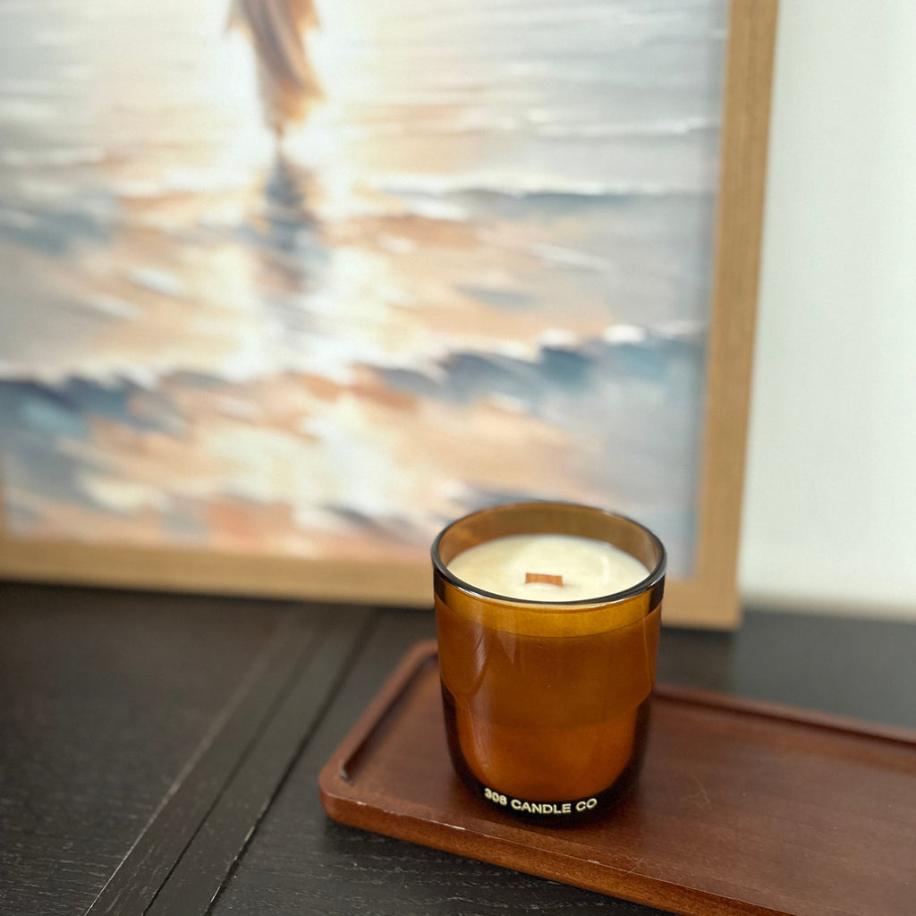 Whispers in the Library Candle - soy coconut wax, wood wick candle, made in Canada, translucent amber