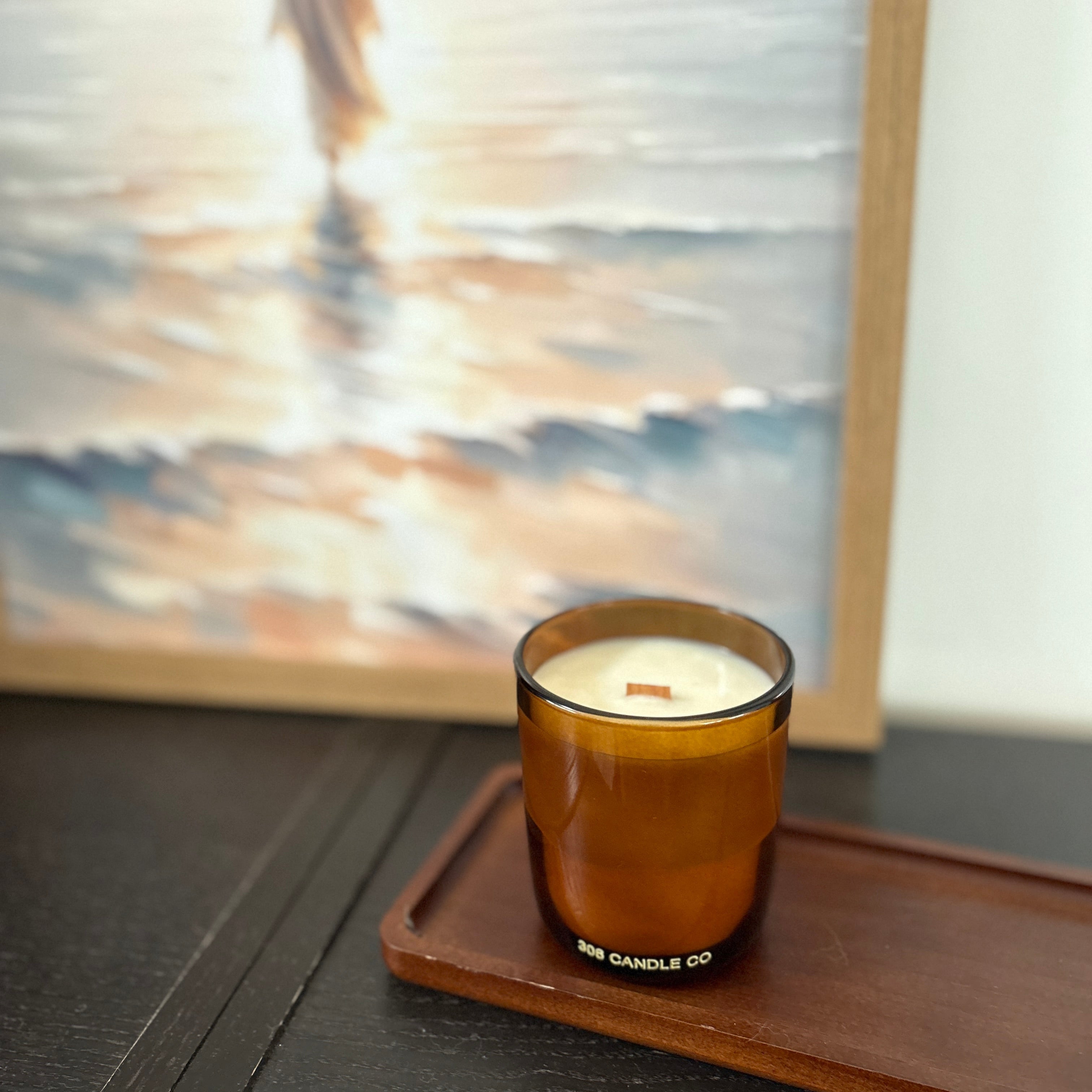 Whispers in the Library Candle - soy coconut wax, wood wick candle, made in Canada, translucent amber