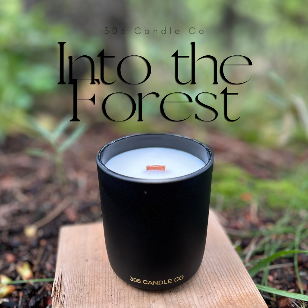 Into The Forest Candle - soy coconut wax, wood wick candle, made in Canada, white, brown, or black